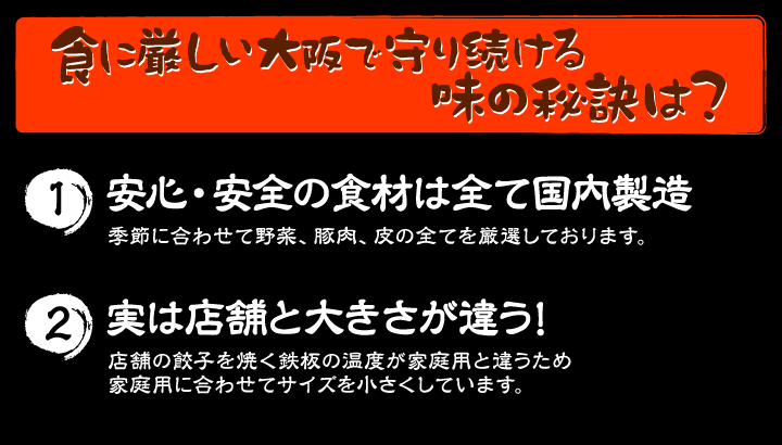 食に厳しいおおさかで守り続ける味の秘訣は？(1)安心・安全の食材は全て国内製造 季節に合わせて野菜、豚肉、皮の全てを厳選しております。(2)実は店舗と大きさが違う！店舗の餃子を焼く鉄板の温度が家庭用と違うため家庭用に合わせてサイズを小さくしています。