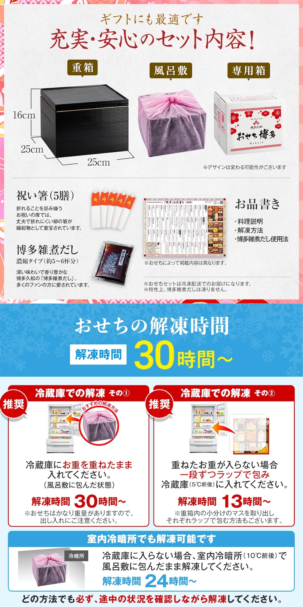 充実・安心のセット内容・解凍時間