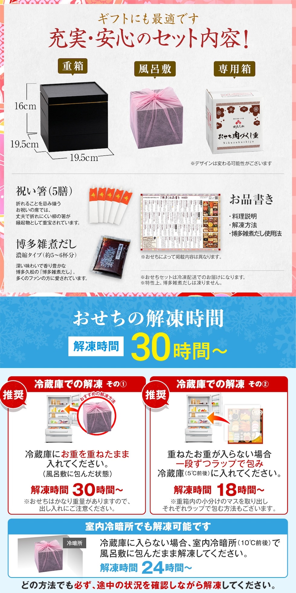 充実・安心のセット内容・解凍時間