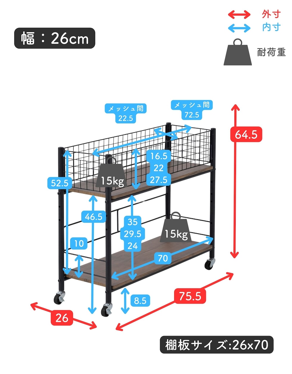 dショッピング |収納ラック ワゴン キャスター付き 奥行75.5 高さ64.5