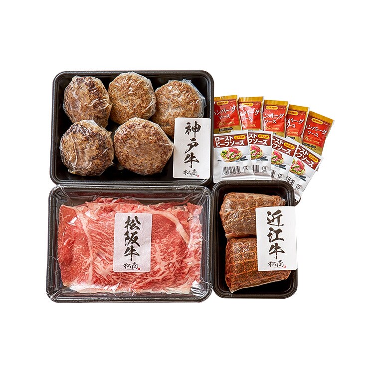 食べ物 肉 ギフト 松商 日本3大和牛3種食べ比べセットB 松阪牛 神戸牛 近江牛 送料無料 1450g メーカー直送 冷凍便 すき焼き肉  ハンバーグ ローストビーフ お取り寄せグルメ 高級 お中元 カテゴリ：精肉の販売できる商品 ソムリエ＠ギフト ... dショッピング