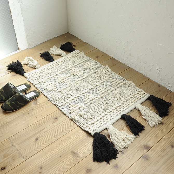 amabro アマブロ フリンジ玄関マット 50×70cm 玄関マット ラグ ラグマット インド 綿 インテリア 伝統 ナチュラル おしゃれ アート