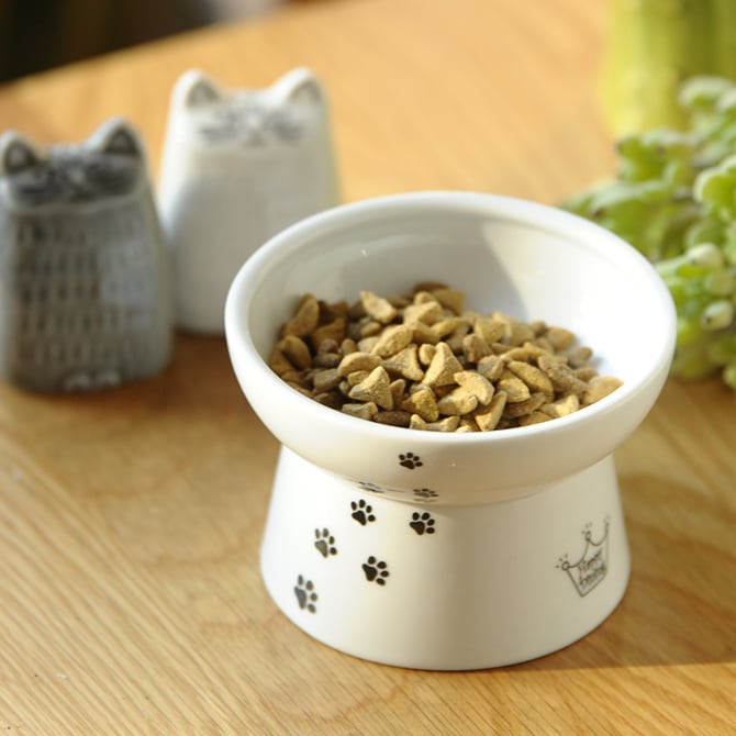 猫壱 ハッピーダイニング 脚付フードボウル 猫柄 DC-0703-02 猫用 食器 フードボウル 皿 電子レンジ対応 食洗機対応 陶器 白 スタンド ペット