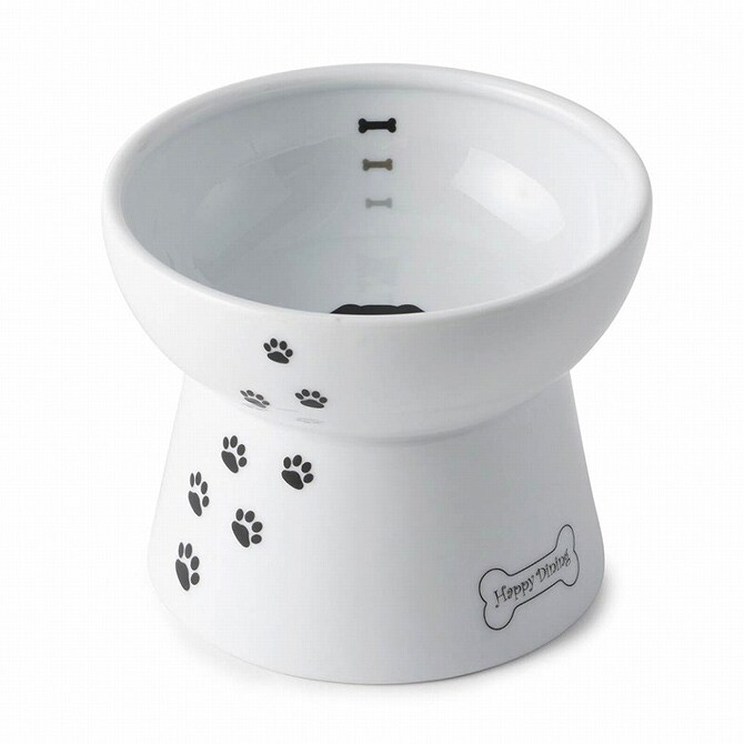 猫壱 ハッピーダイニング 脚付フードボウル 犬柄・犬用 シリコン付き 犬用 食器 フードボウル 皿 電子レンジ対応 食洗機対応 陶器 白 ペット スタンド