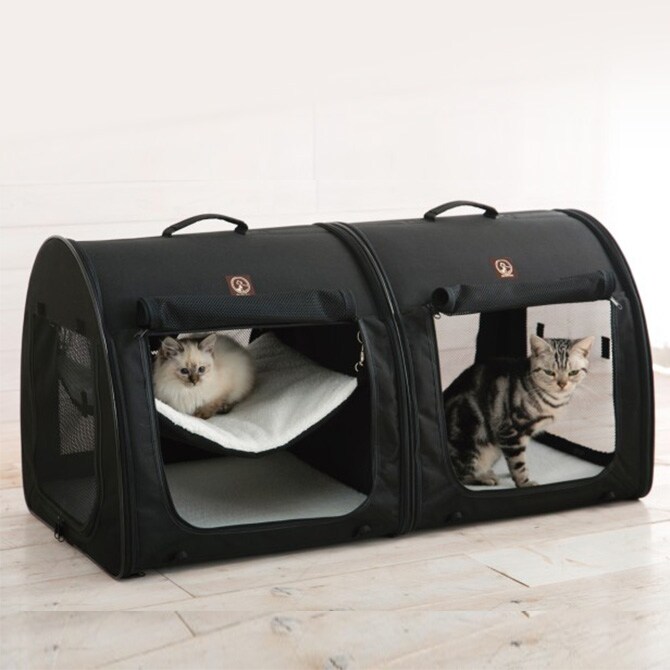 One for Pets ポータブル・ケージ オールブラック ダブル  猫用 犬用 ペット用 連結可能 折りたたみケージ ハウス ペットキャリー 持ち運び ポータブル  