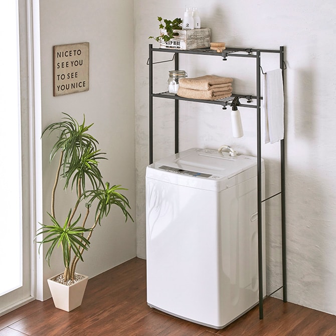角パイプ洗濯機棚 マットブラック ランドリーラック 洗濯機棚 伸縮 おしゃれ 強力 黒 ツヤ消し かっこいい インダストリアル インテリア