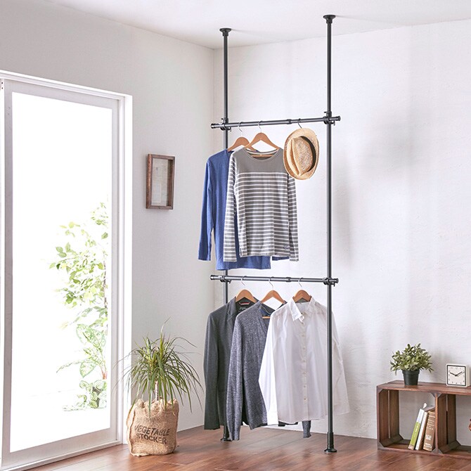 突っ張り強力2段ハンガー マットブラック  洗濯物干し 室内 突っ張り つっぱり 強力 おしゃれ 黒 ツヤ消し インダストリアル インテリア  