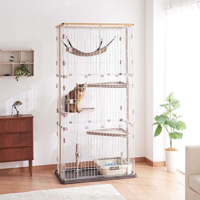 Bonbi ボンビアルコン ウッドワンサークルキャット ワイドドア 3段  キャットサークル キャットケージ 猫用 3段 ナチュラル シンプル ハンモック付き 掃除しやすい  