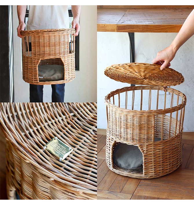 GROOM グルーム ねこハウス ふた付き BY THE AROROG 猫 ベッド キャットベッド ペットベッド 小型犬 ハウス ラタン ナチュラル おしゃれ かっこいい