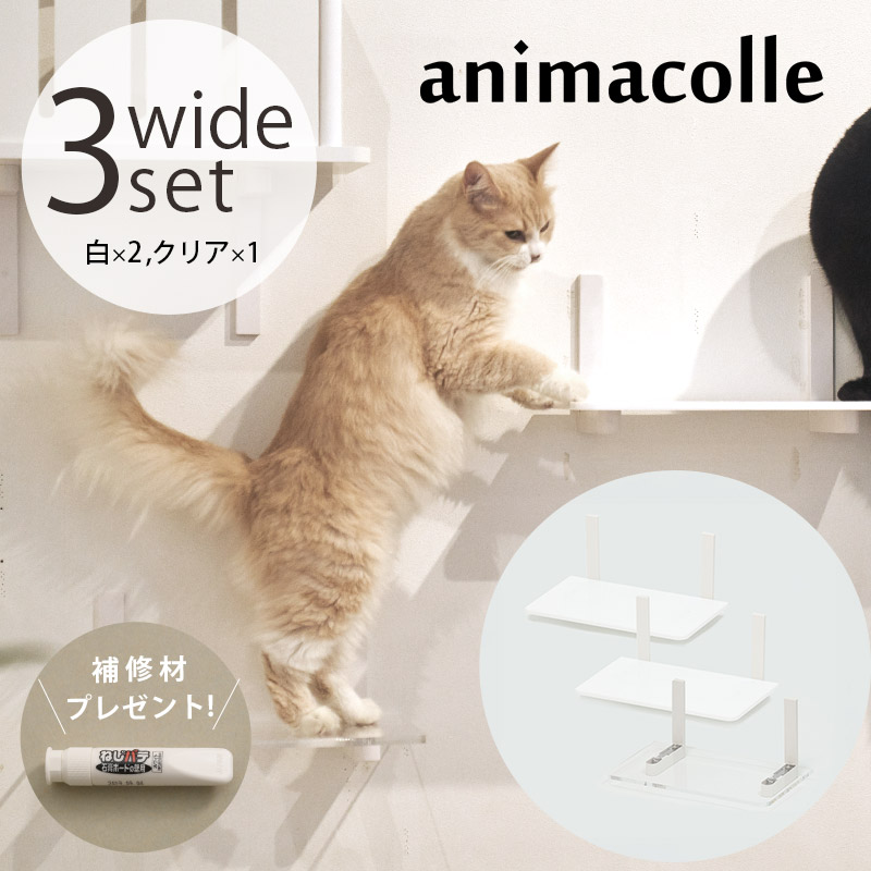 animacolle アニマコレ Catroad+ ワイドステップ 3点セット（ 白2、クリア1）  猫 賃貸 小さい穴 キャットステップ キャットウォーク 壁 DIY セット キャットタワー 透明 クリア おしゃれ  