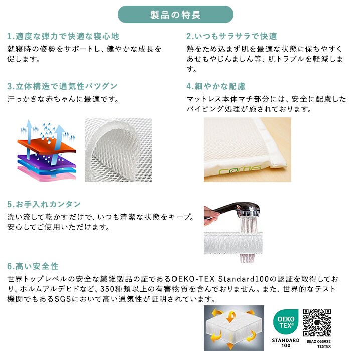 エアスルー・サポートマットレス 70cm×60cm ベビーマット お昼寝マット 赤ちゃん ベビーベッド 敷布団 敷きパッド マットレス ベビー布団 洗える