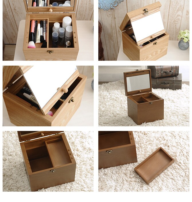 ナチュラルウッド 横型 コスメボックス ワイドミラー  木製 メイクボックス コスメティック 鏡 北欧 ナチュラル おしゃれ シンプル 化粧品 収納  
