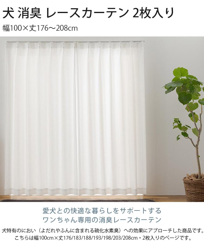 犬 消臭 レースカーテン 2枚入り 幅100×丈176~208cm