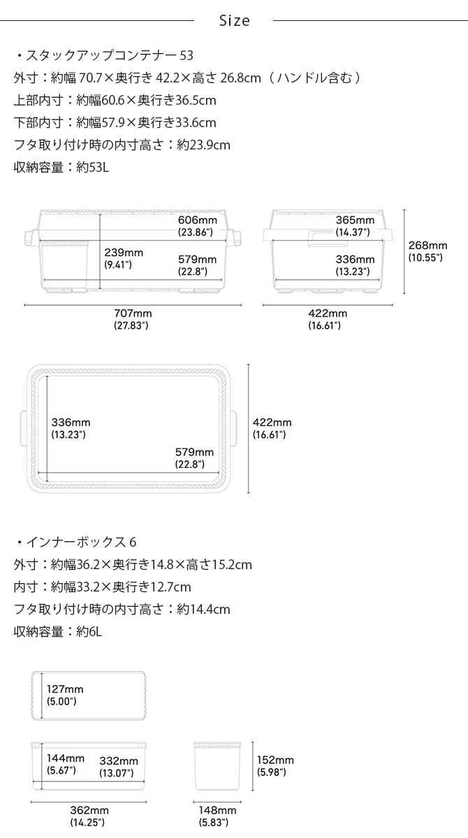 like-it ライクイット スタックアップコンテナー 53 インナーボックスセット  コンテナボックス 大容量 ガレージ 収納 防災 アウトドア キャンプ用品 ガーデニング用品 ストッカー ポリプロピレン  