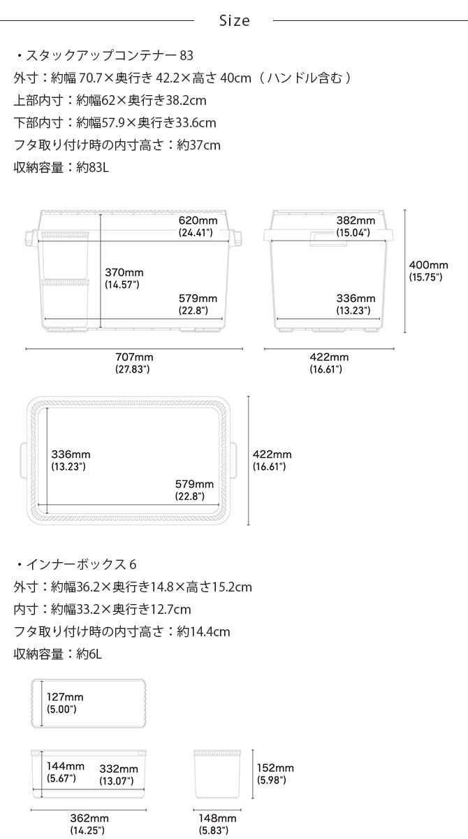 like-it ライクイット スタックアップコンテナー 83 インナーボックスセット  コンテナボックス 大容量 ガレージ 収納 防災 アウトドア キャンプ用品 ガーデニング用品 ストッカー ポリプロピレン  