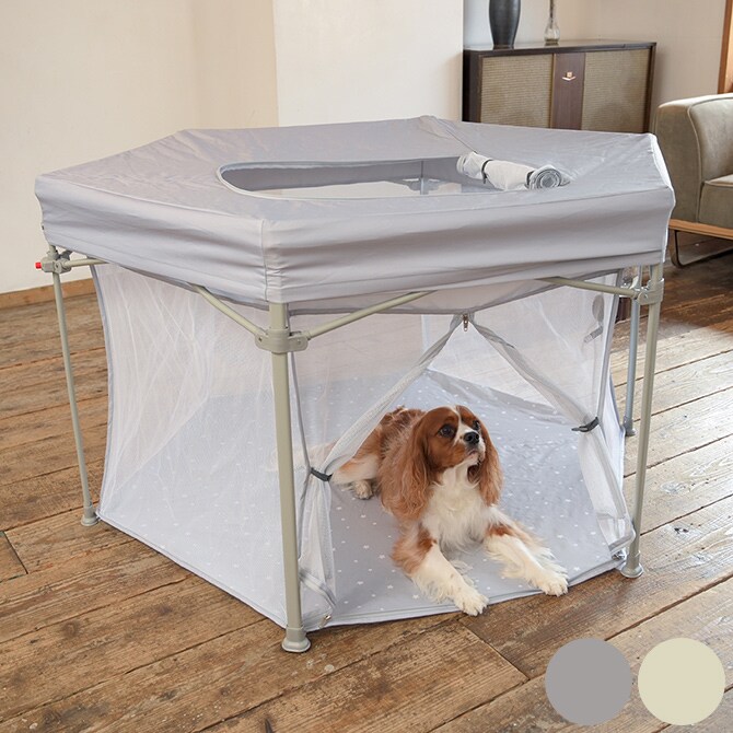 Wanyanya わにゃにゃ 折りたたみ屋根付きペットサークル わんパーク 犬 ペットサークル ドッグサークル ペット メッシュ シンプル おしゃれ グレー ベージュ