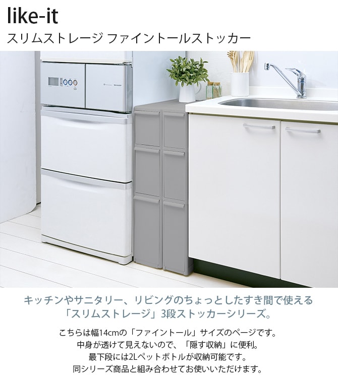 like-it ライクイット スリムストレージ ファイントールストッカー  隙間収納 キッチン収納 チェスト ストッカー 3段 おしゃれ すき間収納 洗面所 ポリプロピレン スリム  