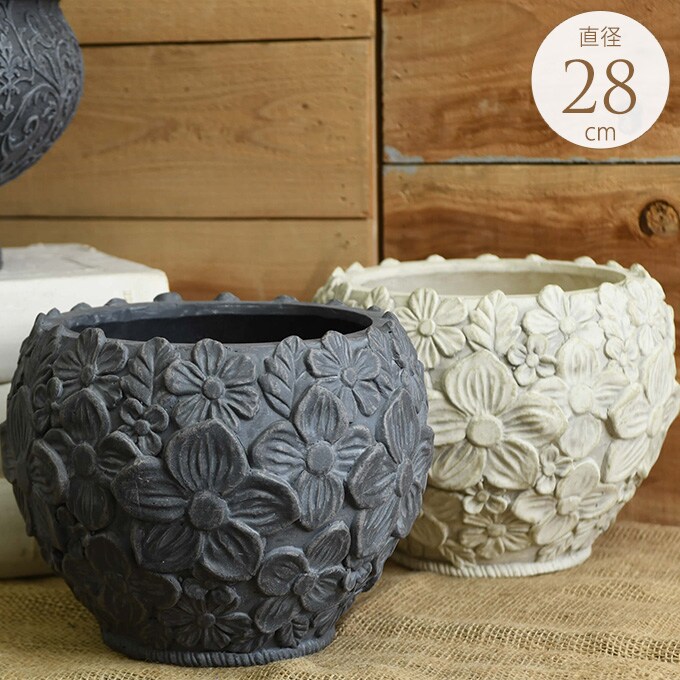 プランター おしゃれ ローマ風 繁栄の象徴 フラワーモチーフ ラウンド 直径28cm  鉢 底穴あり アンティーク 洋風 玄関 飾り オブジェ 置物 装飾  