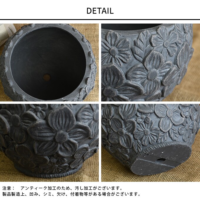 プランター おしゃれ ローマ風 繁栄の象徴 フラワーモチーフ ラウンド 直径28cm  鉢 底穴あり アンティーク 洋風 玄関 飾り オブジェ 置物 装飾  