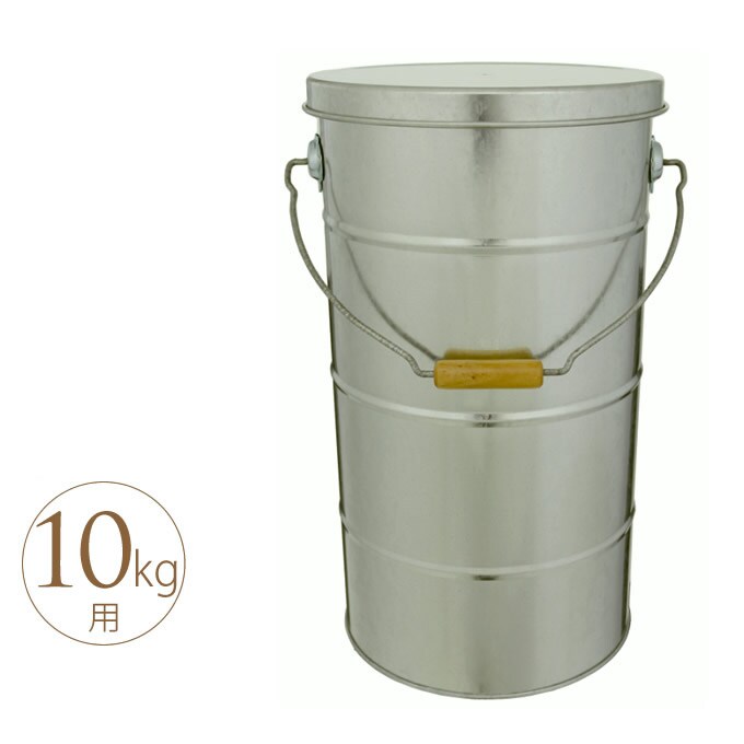 バケツ型お米保存缶　10kg用　フタ&計量カップ付き　シルバー