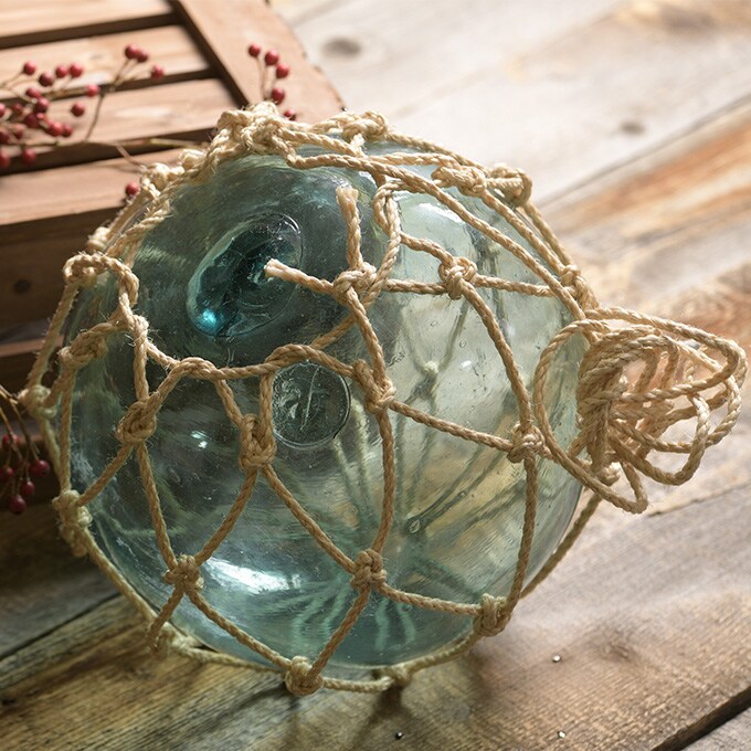 ガーデニング 置物 ガラス 浮き玉 津軽の浮き球 漁師編み 縄付き （大） 直径30cm～50cm  アンティーク オブジェ 居酒屋 飾り 海の 雑貨 装飾 海の幸 仕掛け網 大漁  
