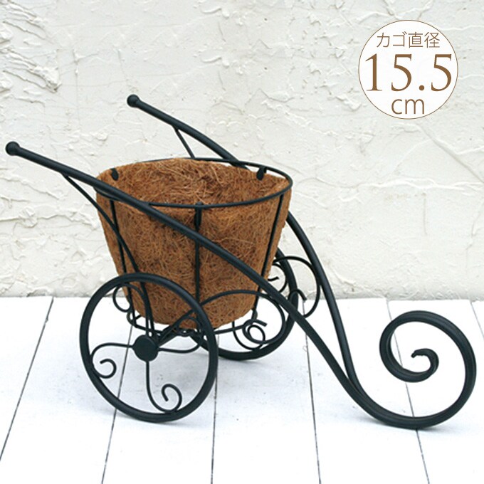 アイアン花台 手押し車 フラワースタンド かわいい カート型 アンティーク フラワーポット ココヤシマット付き 鉢置き台 ガーデニング お庭 置物