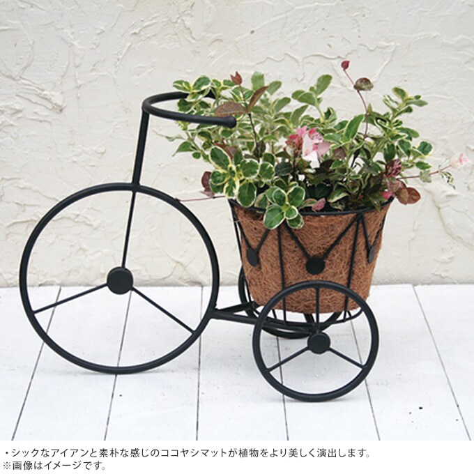 アイアン花台 手押し車 フラワースタンド かわいい カート型 アンティーク フラワーポット ココヤシマット付き 鉢置き台 ガーデニング お庭 置物