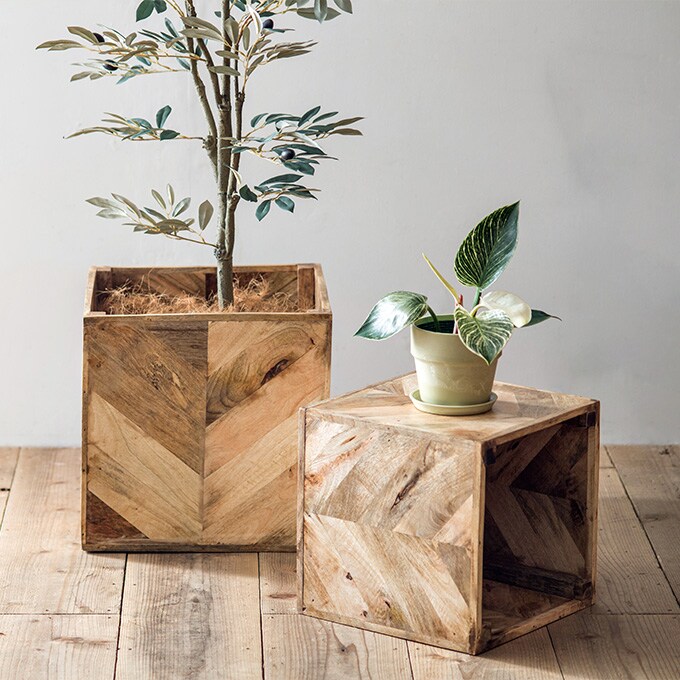 鉢カバー 木製 ヘリンボーンポット M  プランターカバー 天然 ナチュラル 室内 マンゴーウッド インテリア おしゃれ  