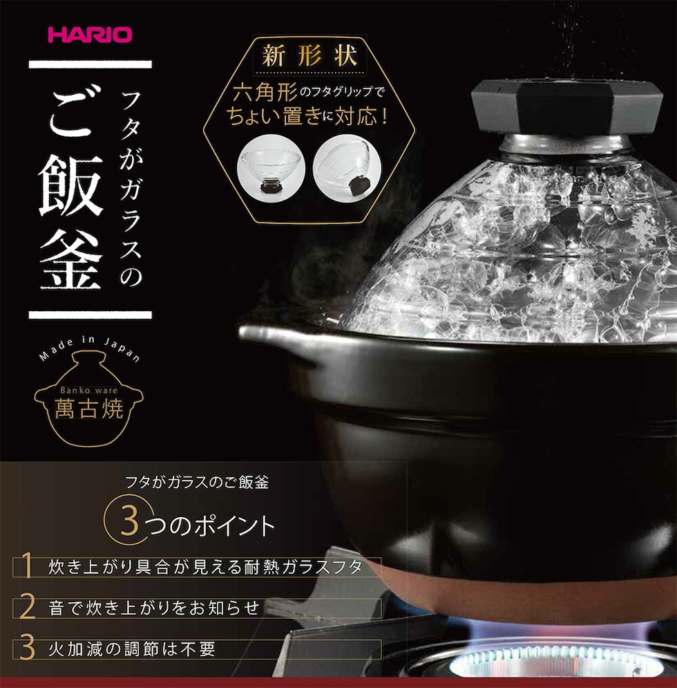 HARIO 御飯 GNー200B 土鍋 炊飯鍋 フタがガラス ご飯釜 3合用