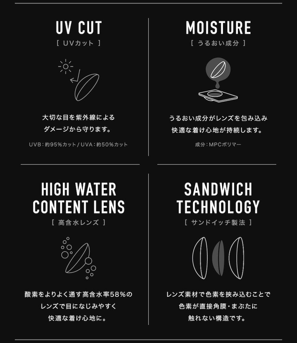 UV CUT[UVカット] MOISTURE[うるいおい成分] HIGH WATER CONTENT LENS[高含水レンズ] SANDWICH TECHNOLOGY[サンドイッチ製法]