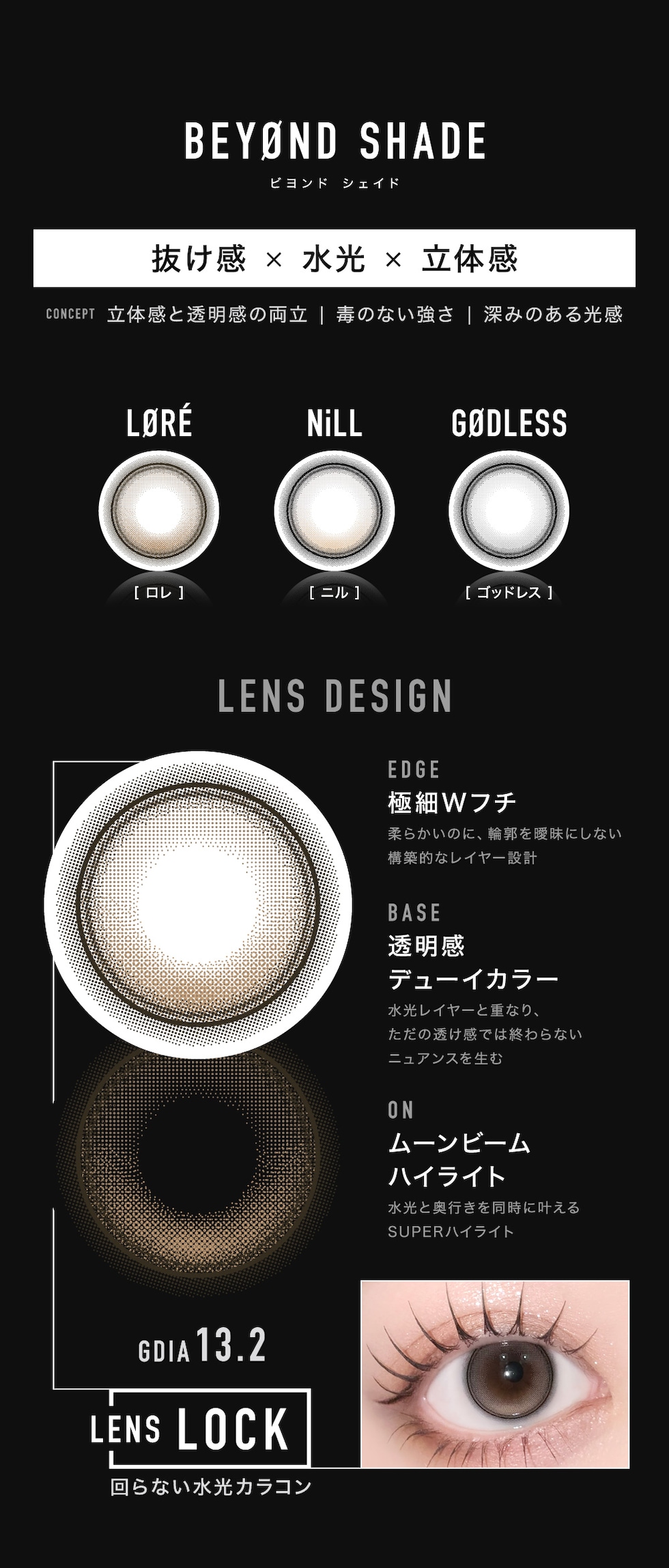 ＜BEYØND SHADE ビヨンド シェイド＞抜け感×水光×立体感 LØRÉ[ロレ] NiLL[ニル] GØDLESS[ゴッドレス] LENS DESIGN