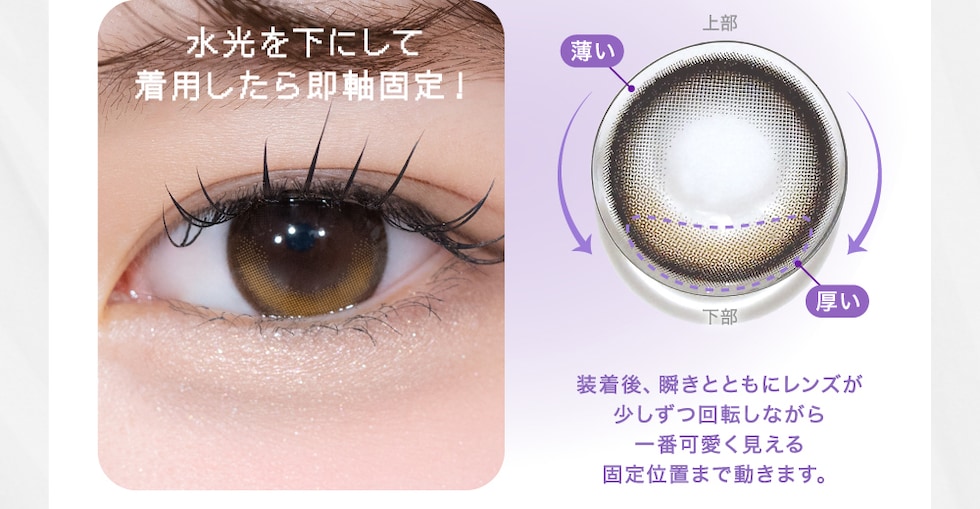 装着後、瞬きとともにレンズが少しずつ回転しながら一番可愛く見える固定位置まで動きます。