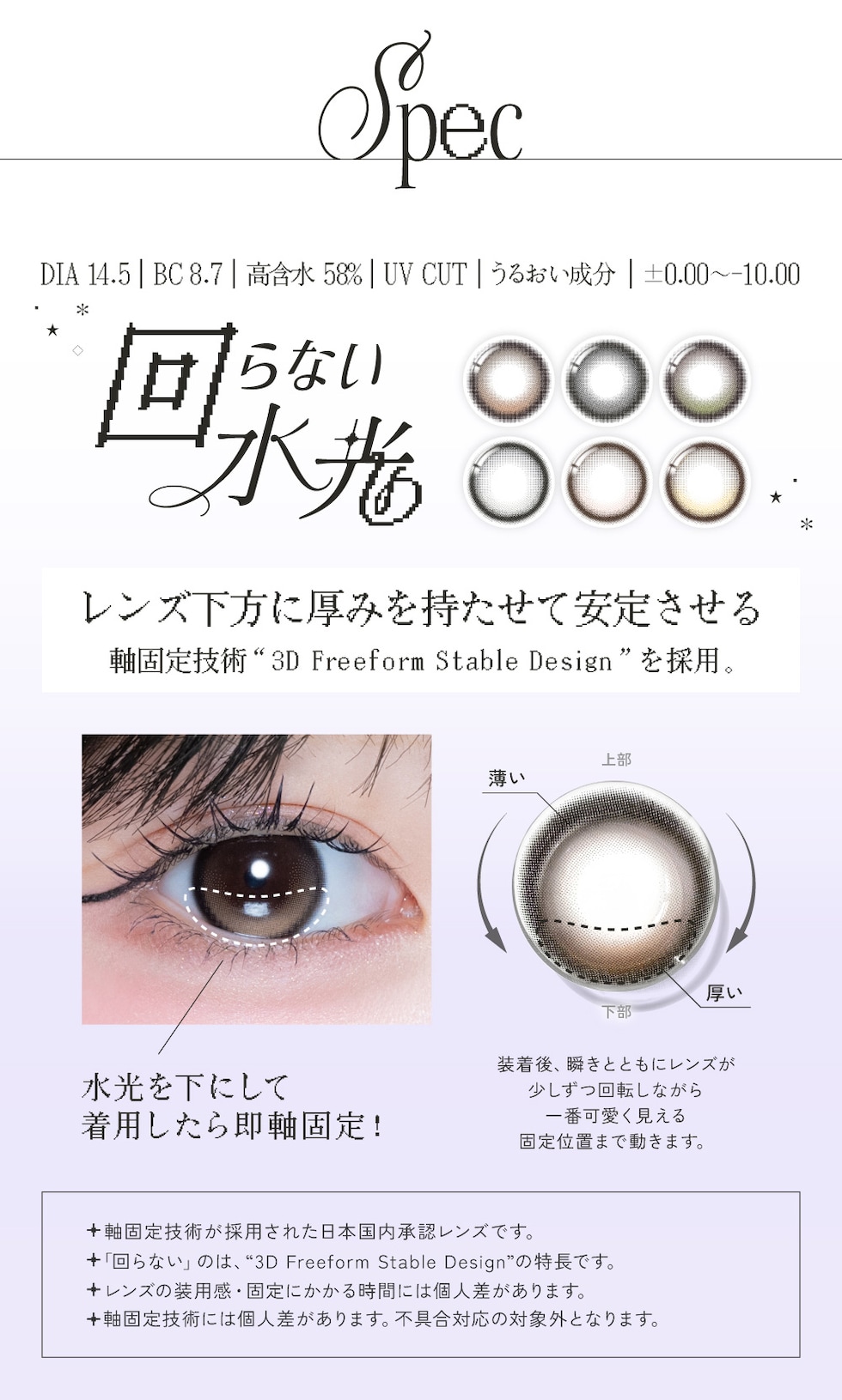 スペック DIA 14.5 BC 8.7 高含水 58％ UV CUT うるおい成分 ±0.00～-10.00 回らない水光