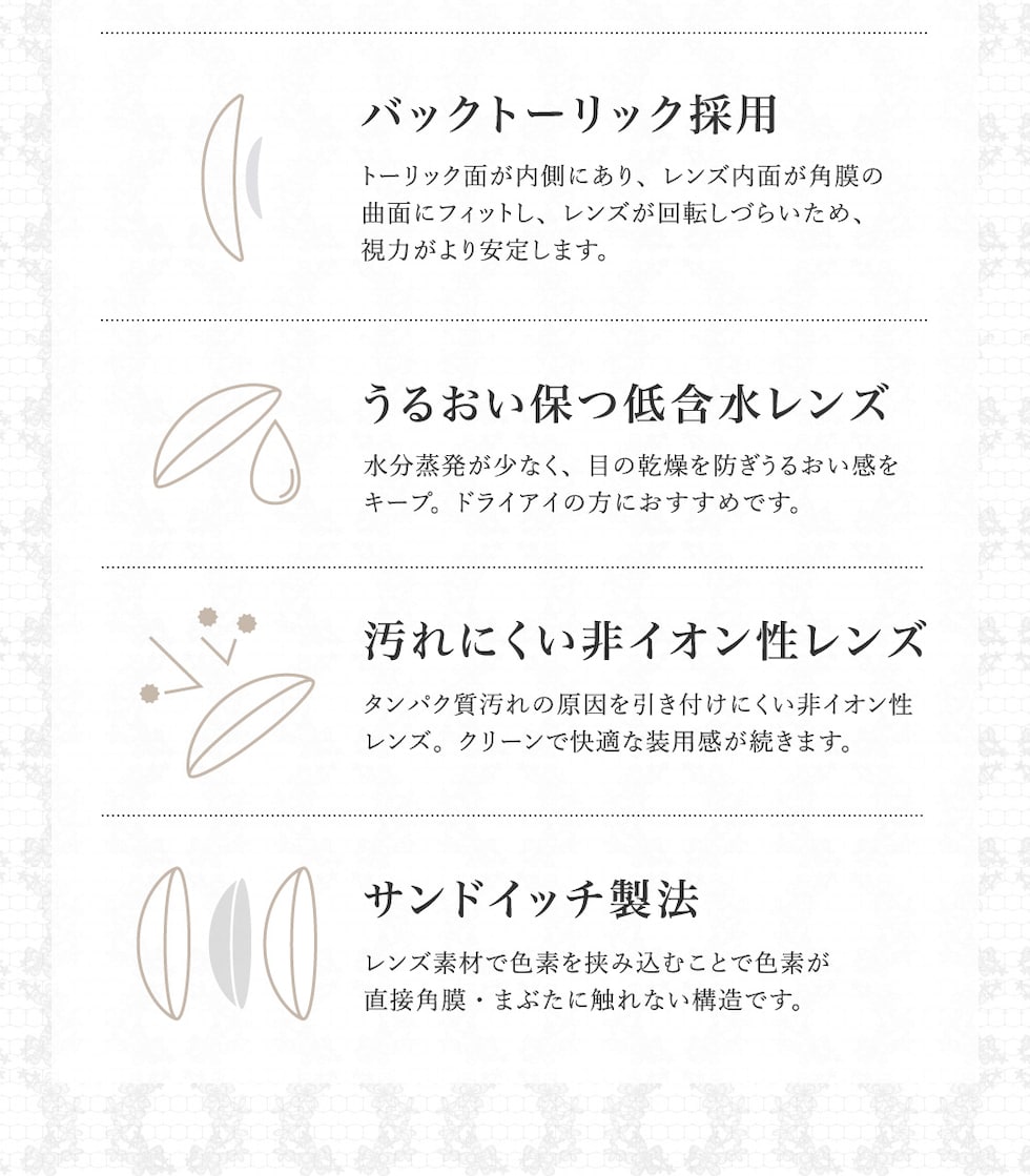 バックトーリック採用 うるおい保つ低含水レンズ 汚れにくい非イオン性レンズ サンドイッチ製法