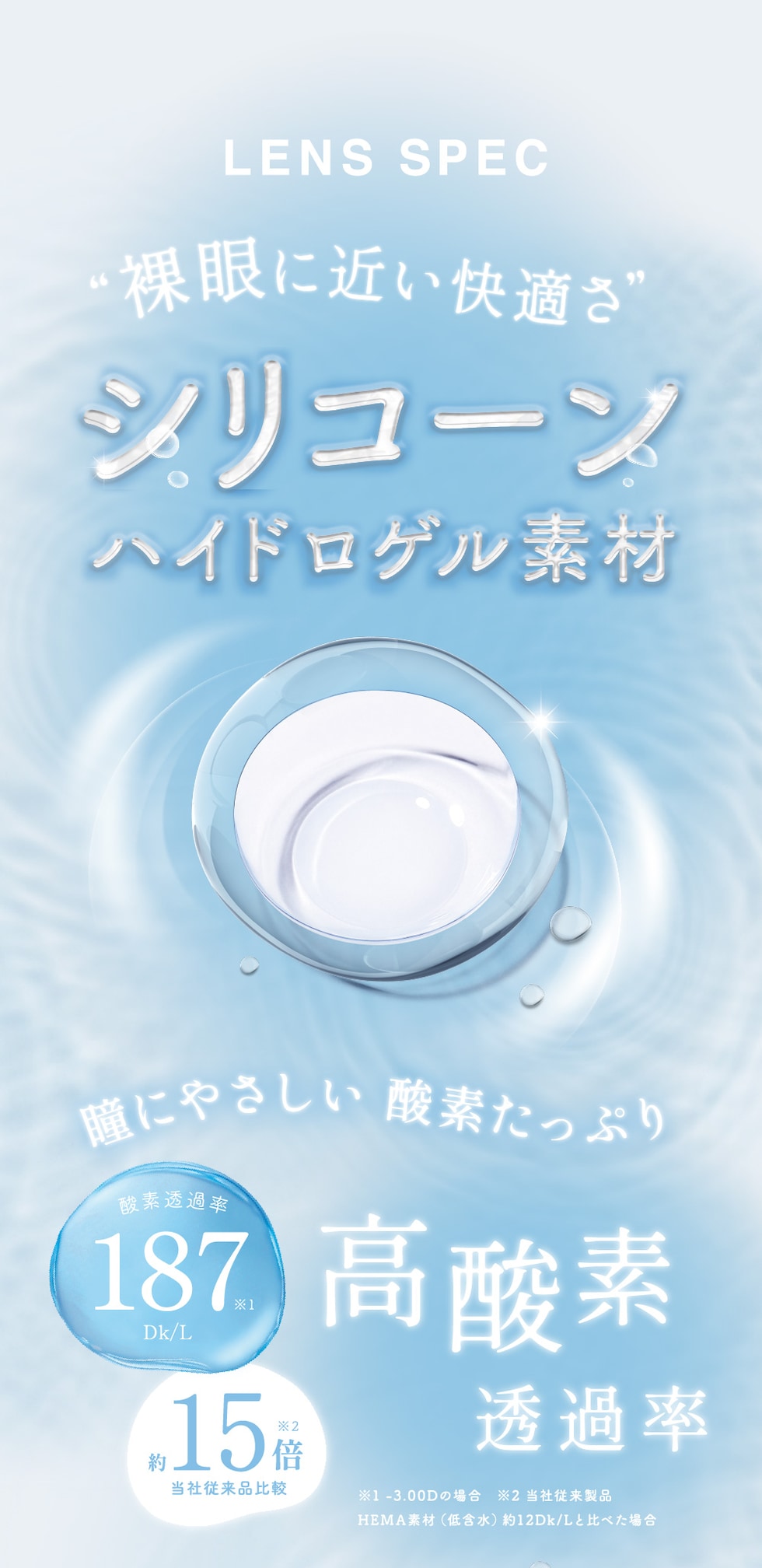 レンズスペック 裸眼に近い快適さ シリコーンハイドロゲル素材 瞳にやさしい 酸素たっぷり 高酸素透過率