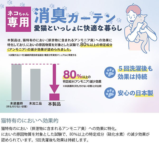 猫 消臭 レースカーテン 2枚入り 幅100×丈88～148cm 