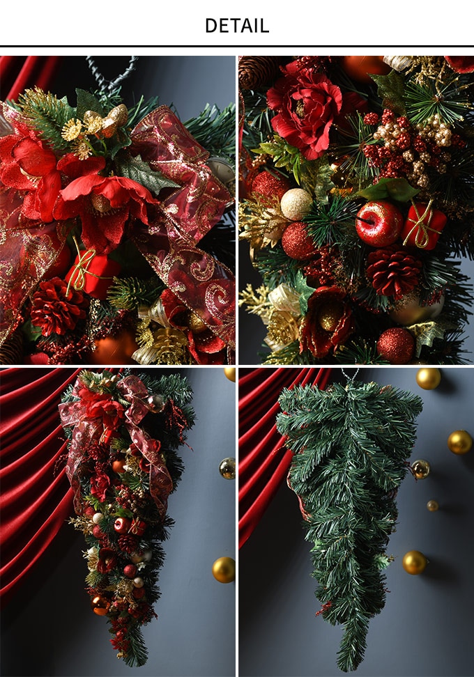 クリスマス雑貨 北欧 貴婦人の装いレッドリボンスワッグ 高さ63cm  リース 飾り 壁掛け 装飾 造花 フェイクグリーン 豪華 上品 おしゃれ 玄関 ドア ナチュラル インテリア ディスプレイ  