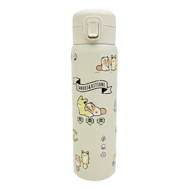 タヌキとキツネ アイコン総柄 ステンレスワンプッシュボトル (480ml) 水筒 ランチ