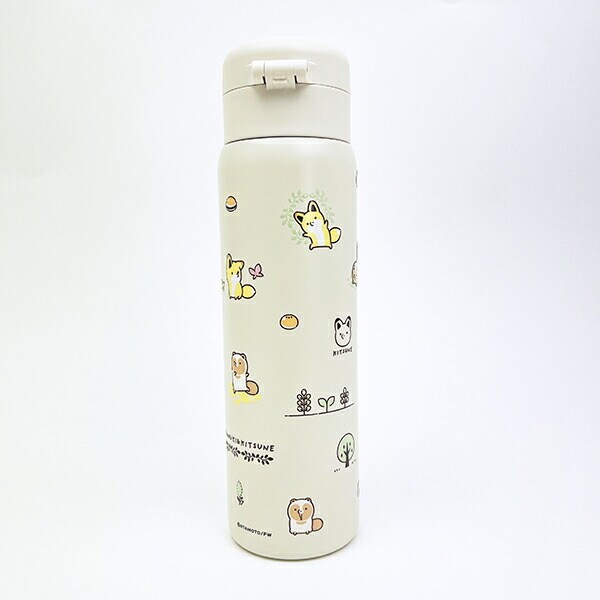 タヌキとキツネ アイコン総柄 ステンレスワンプッシュボトル (480ml) 水筒 ランチ