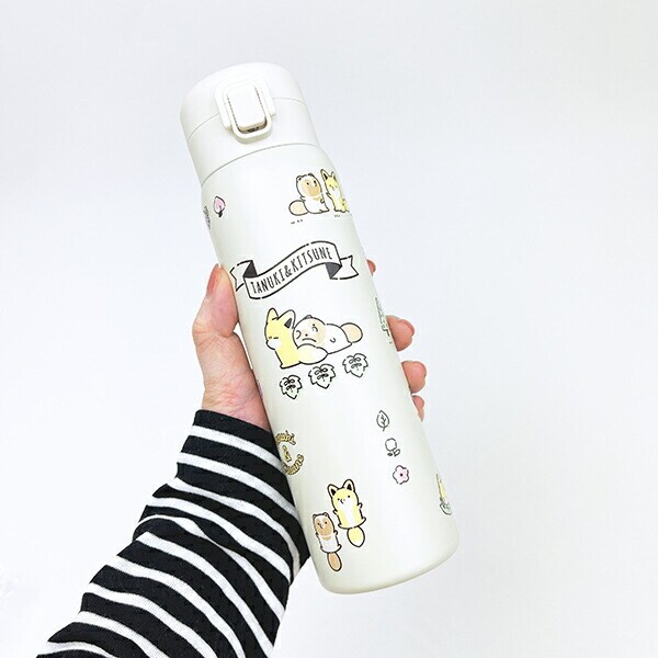 タヌキとキツネ アイコン総柄 ステンレスワンプッシュボトル (480ml) 水筒 ランチ