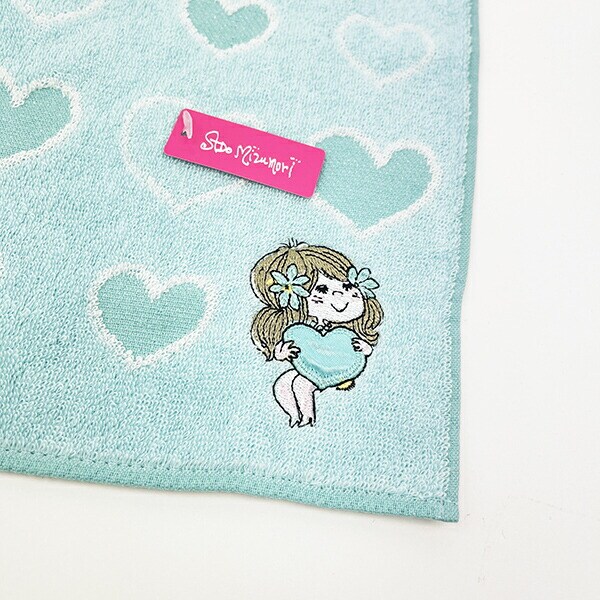 水森亜土 ハートのプレゼント ハンドタオル (ブルー) ハンカチ