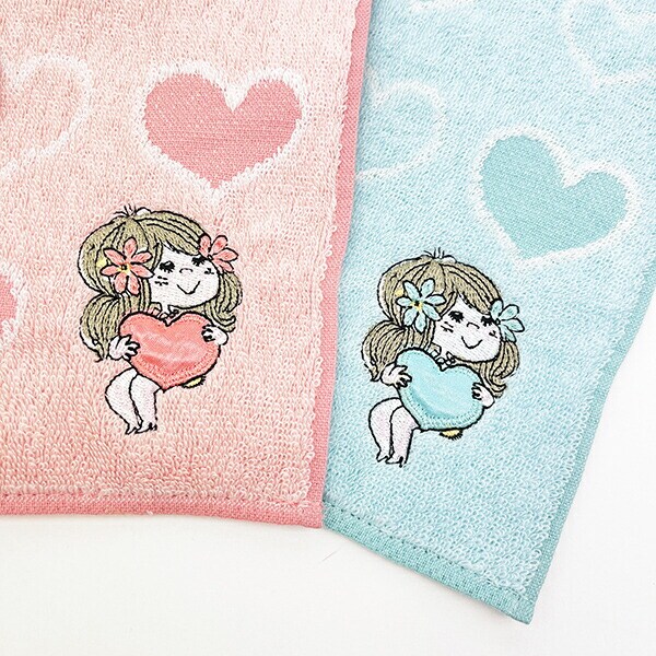 水森亜土 ハートのプレゼント ハンドタオル (ブルー) ハンカチ