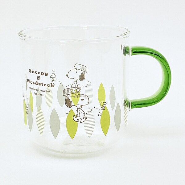 スヌーピー グリーン・リーフ カラーハンドル耐熱ガラスマグカップ コップ 日本製 SNOOPY