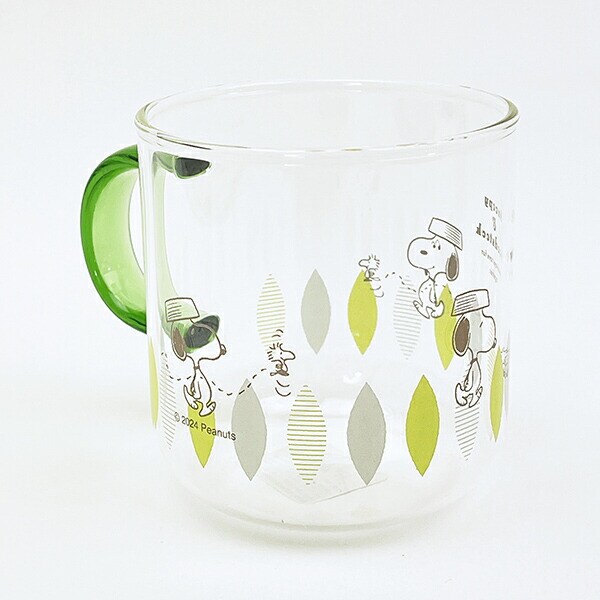 スヌーピー グリーン・リーフ カラーハンドル耐熱ガラスマグカップ コップ 日本製 SNOOPY