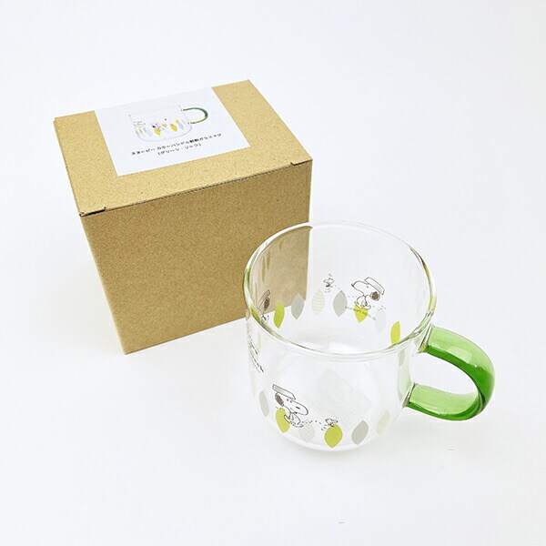 スヌーピー グリーン・リーフ カラーハンドル耐熱ガラスマグカップ コップ 日本製 SNOOPY