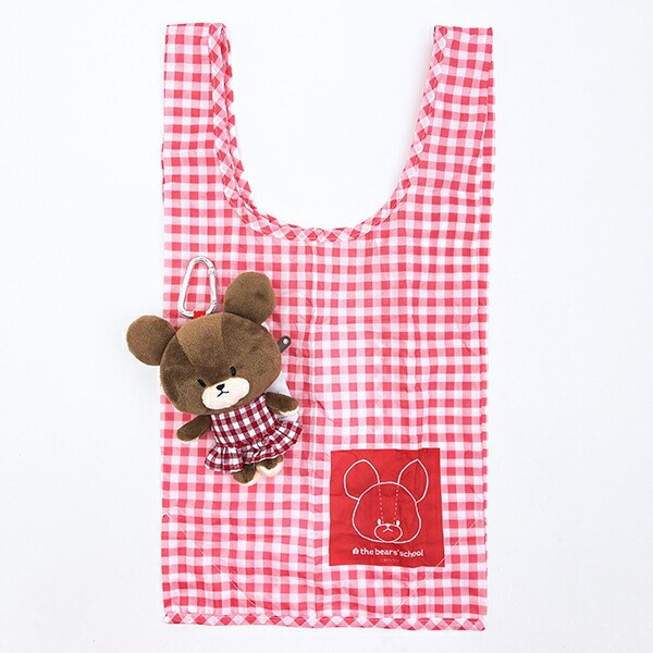 くまのがっこう ギンガムガムチェック ぬいぐるみエコバッグ レッド