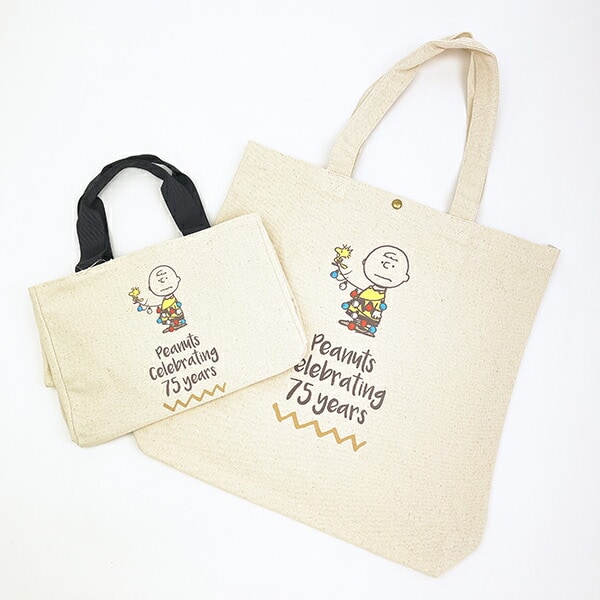 スヌーピー チャーリーブラウン サイドボタンミニトートバッグ ナチュラル ランチ PEANUTS 75th SNOOPY