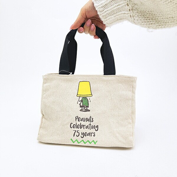 スヌーピー サイドボタンミニトートバッグ ナチュラル ロゴ ランチ PEANUTS 75th SNOOPY