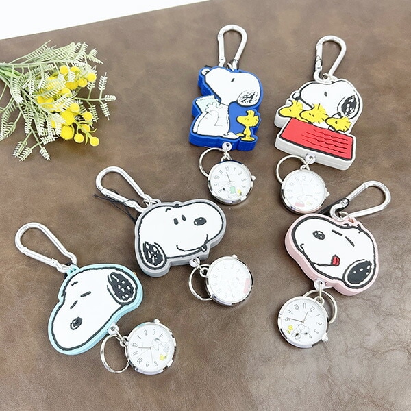 スヌーピー SNOOPY キーチェーン ラバーリールウォッチ 時計 キーホルダー ピンク