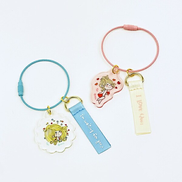 水森亜土 2チャームワイヤーキーリング ピンク キーホルダー